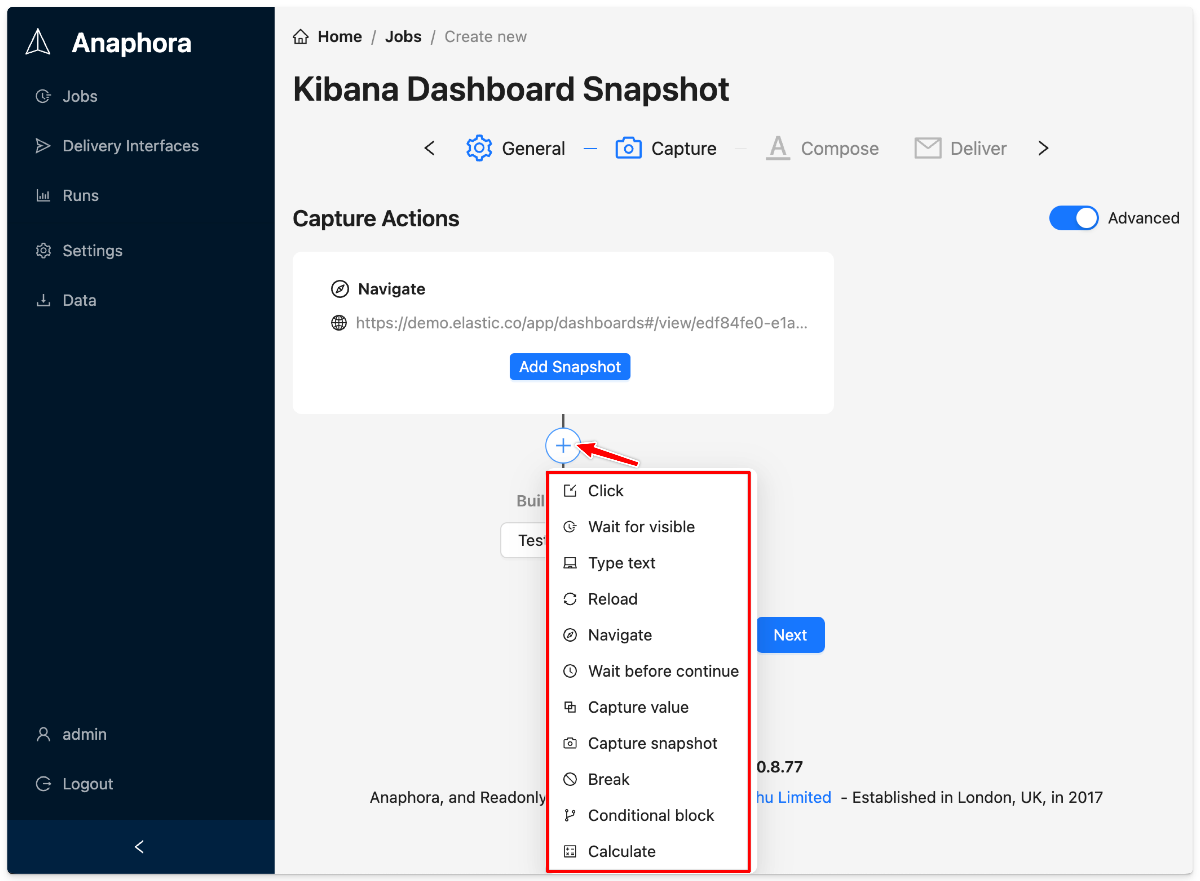 Advanced capture mode with available browser actions