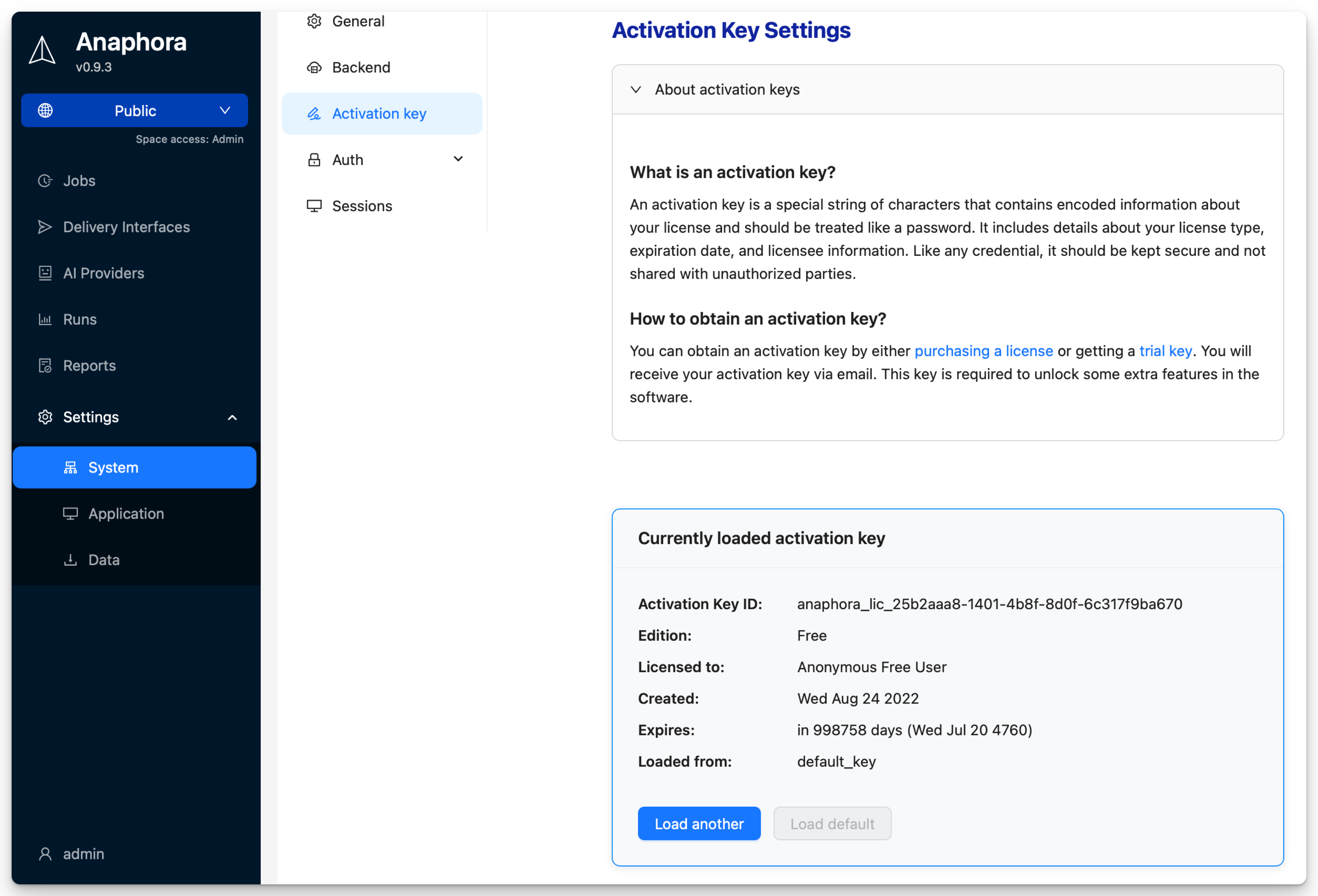 Activation Key settings panel showing license information, current edition status, and key input field