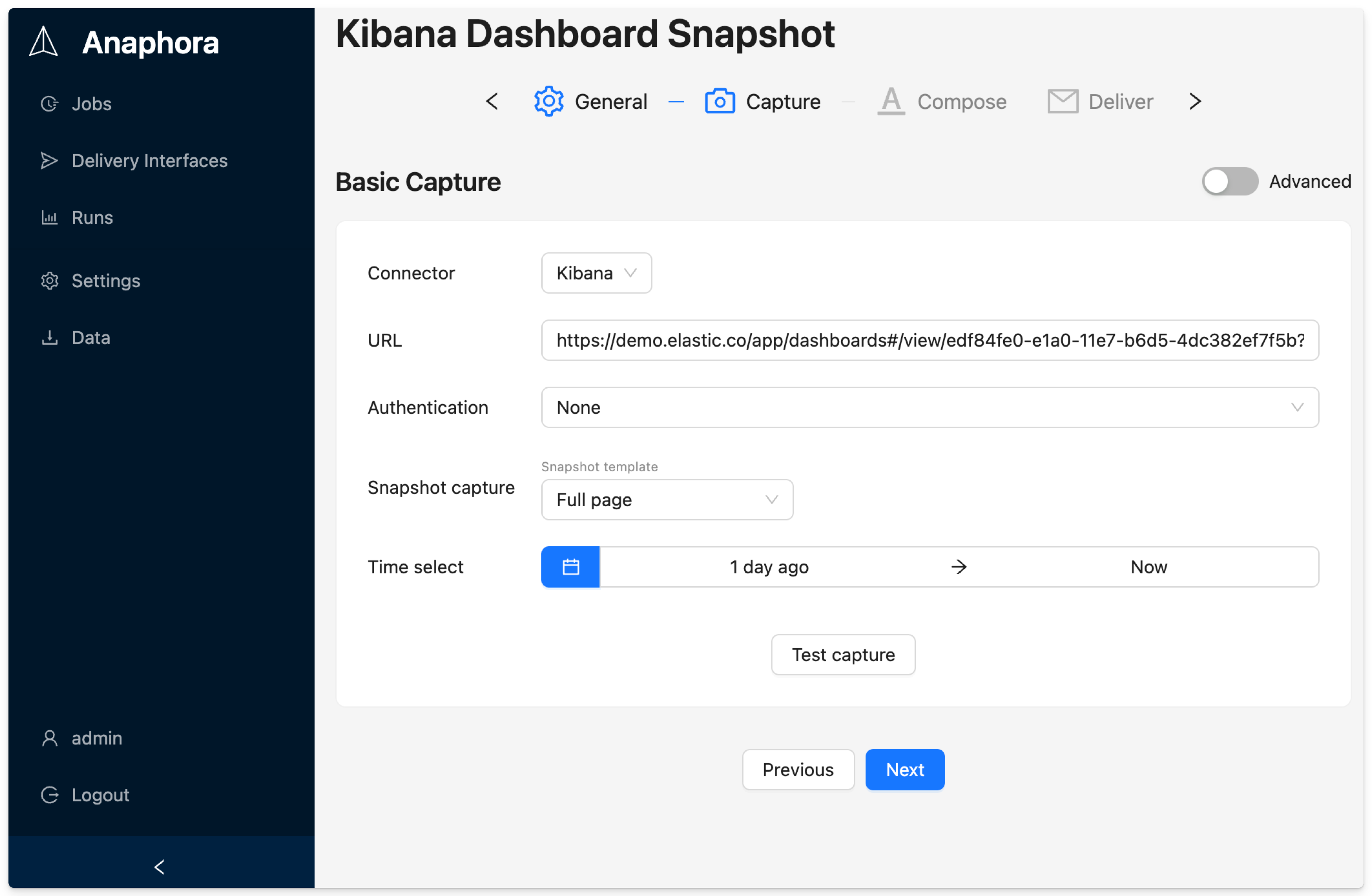 Basic Capture tab showing connector, URL, authentication, and snapshot settings