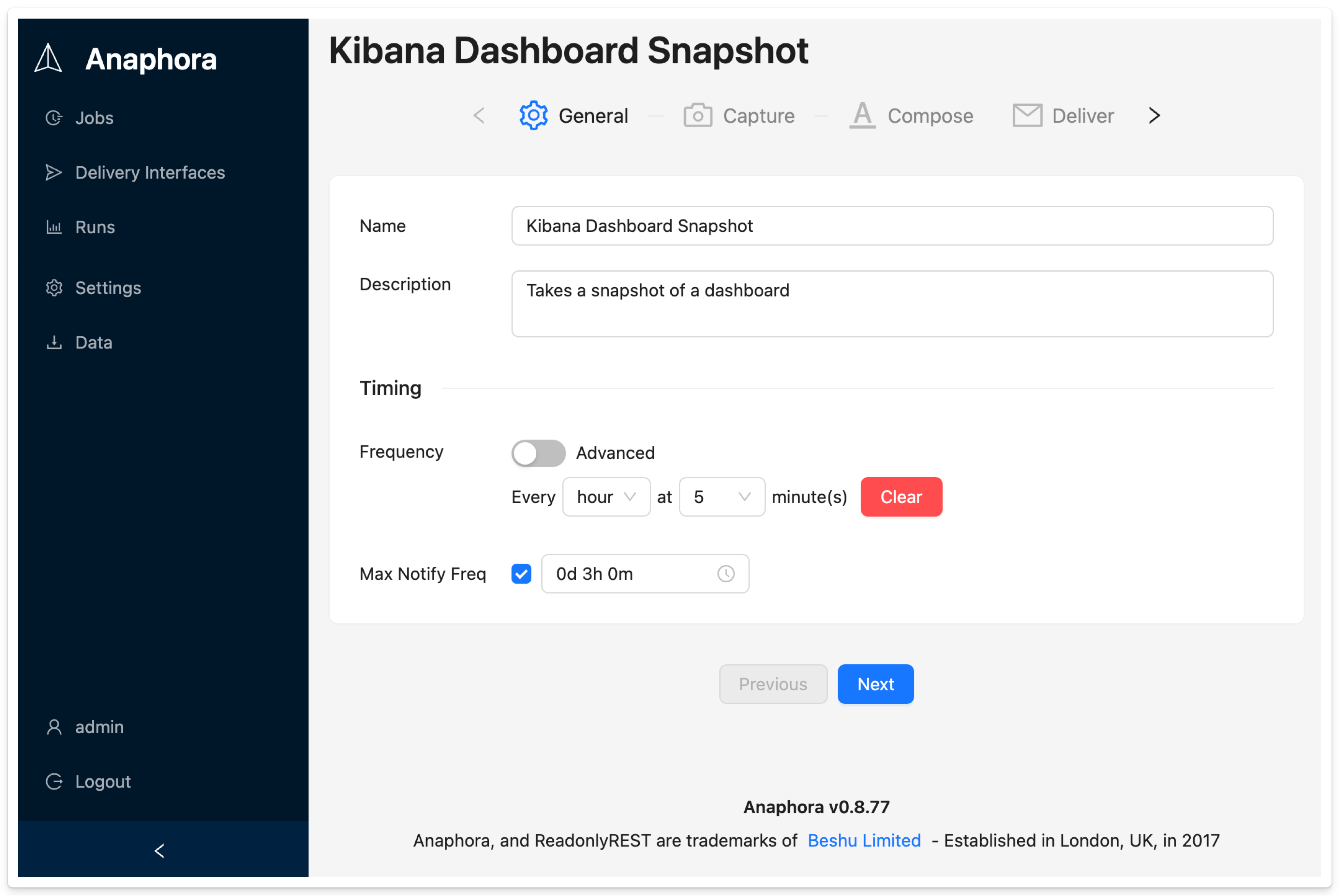 Job configuration showing the General tab with name, description, and timing settings