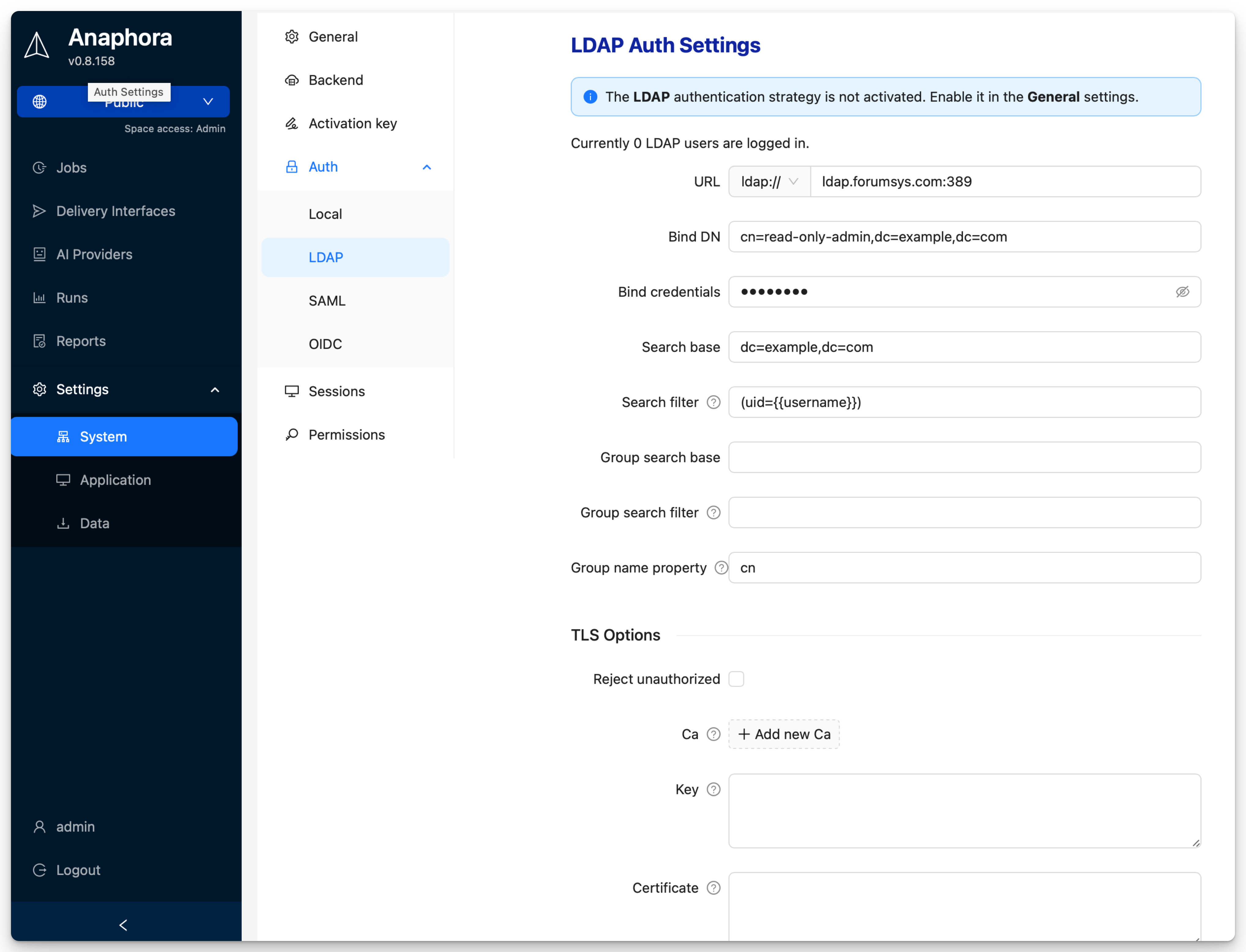 LDAP configuration panel showing connection settings including URL, Bind DN, search base, group mapping, and TLS options