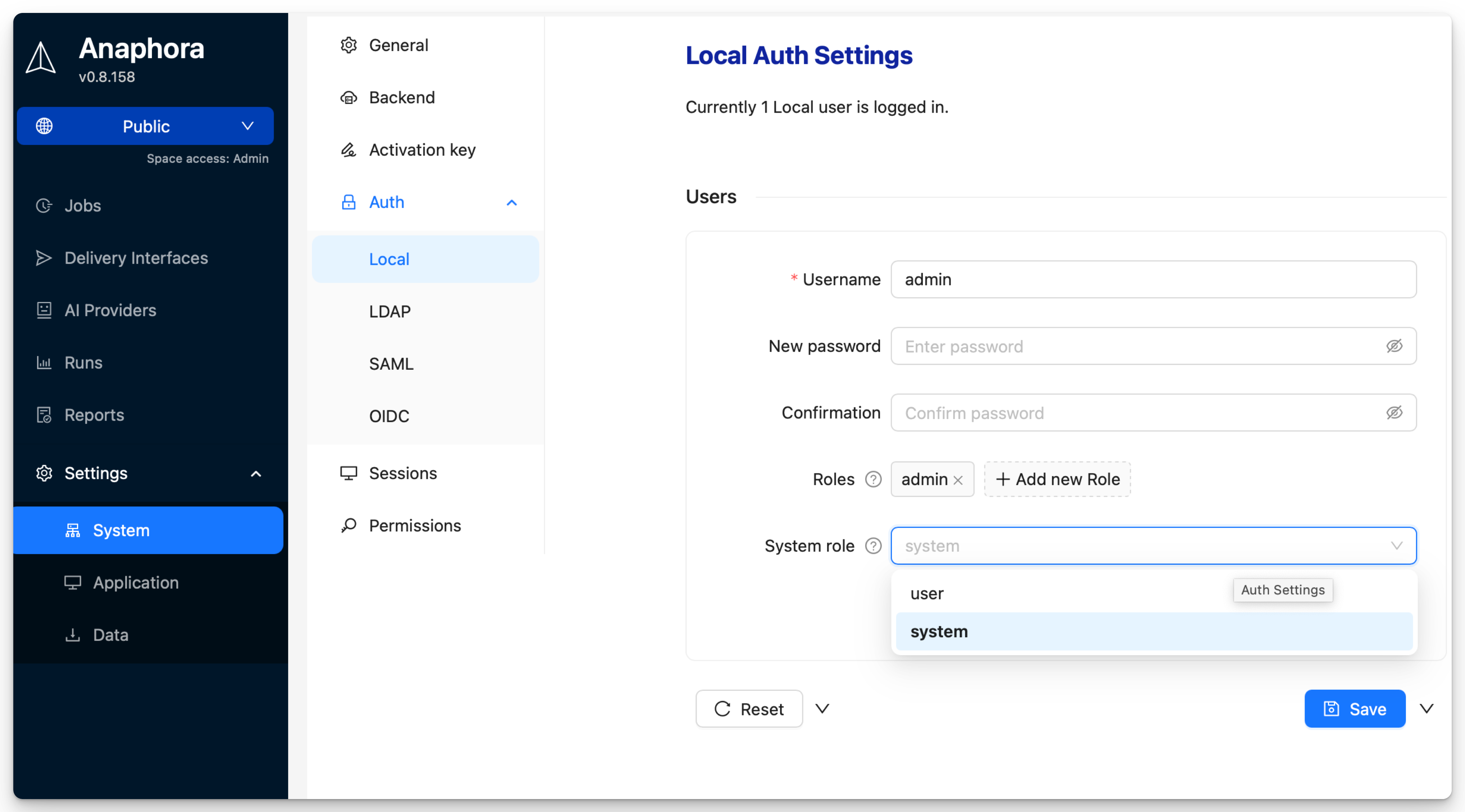 Local authentication settings showing user management interface with username, password, roles, and system role configuration