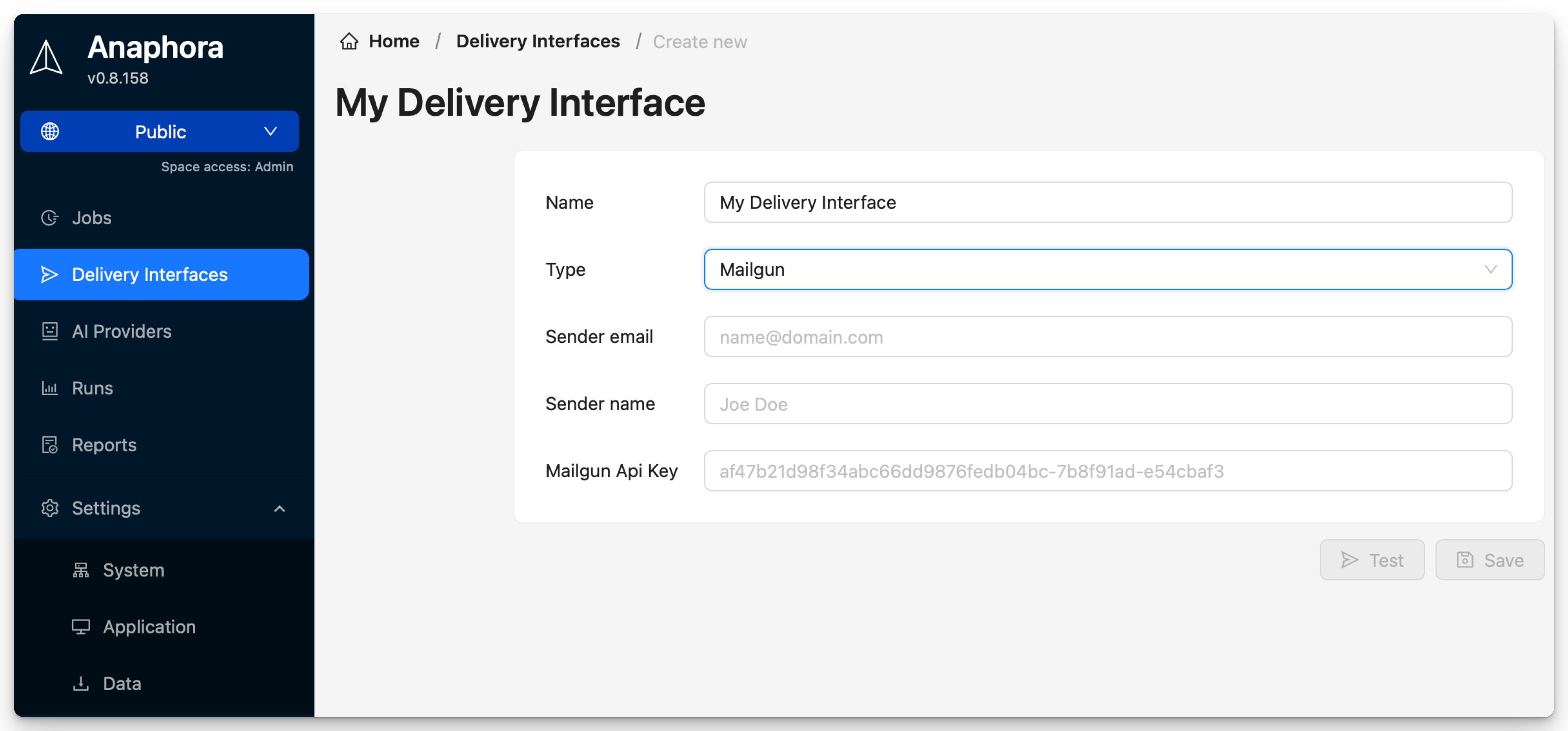 Mailgun delivery interface configuration showing sender email, sender name, and API key fields