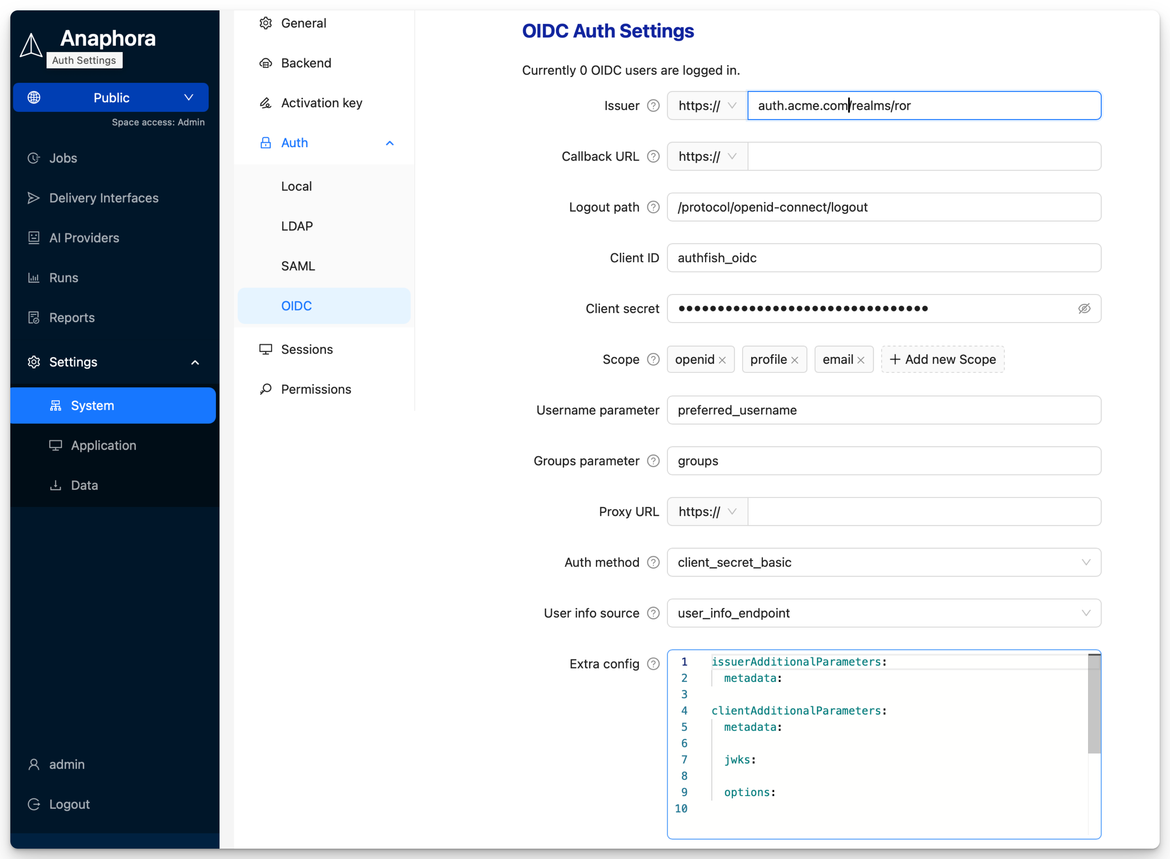 OIDC configuration panel showing issuer URL, client credentials, scopes, claim mapping, and advanced settings
