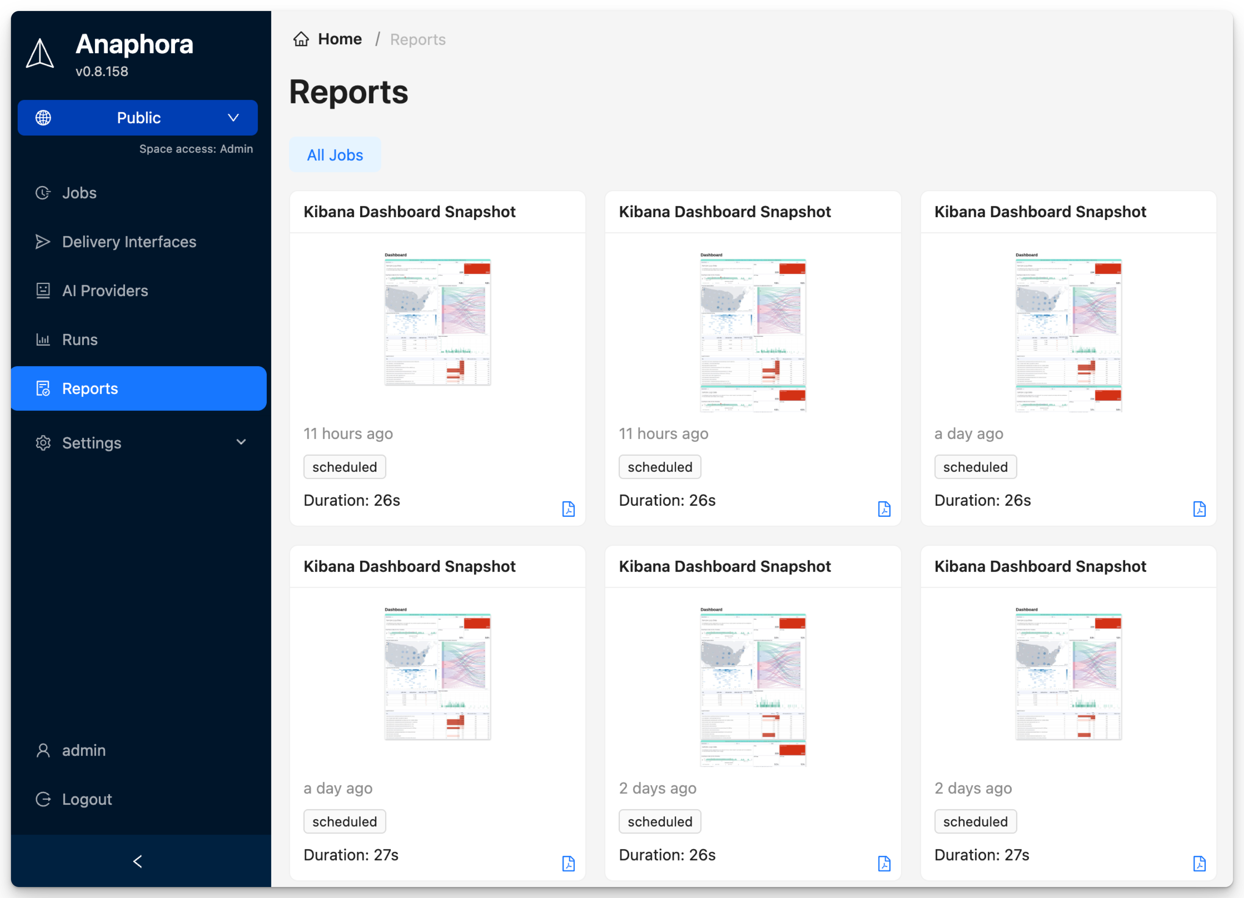 Reports gallery showing generated report thumbnails with timestamps and durations