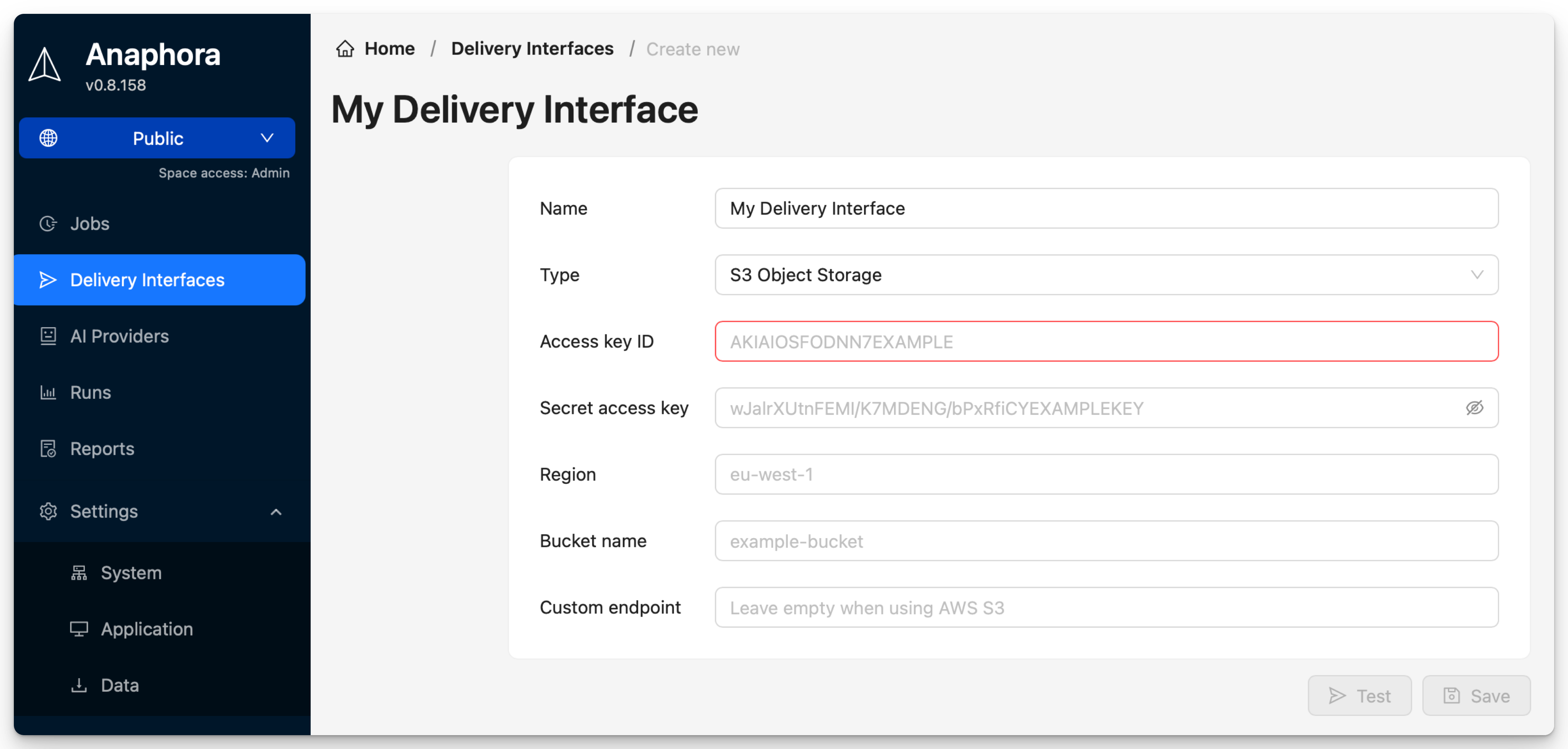 S3 Object Storage delivery interface configuration showing access key, secret key, region, bucket name, and custom endpoint fields