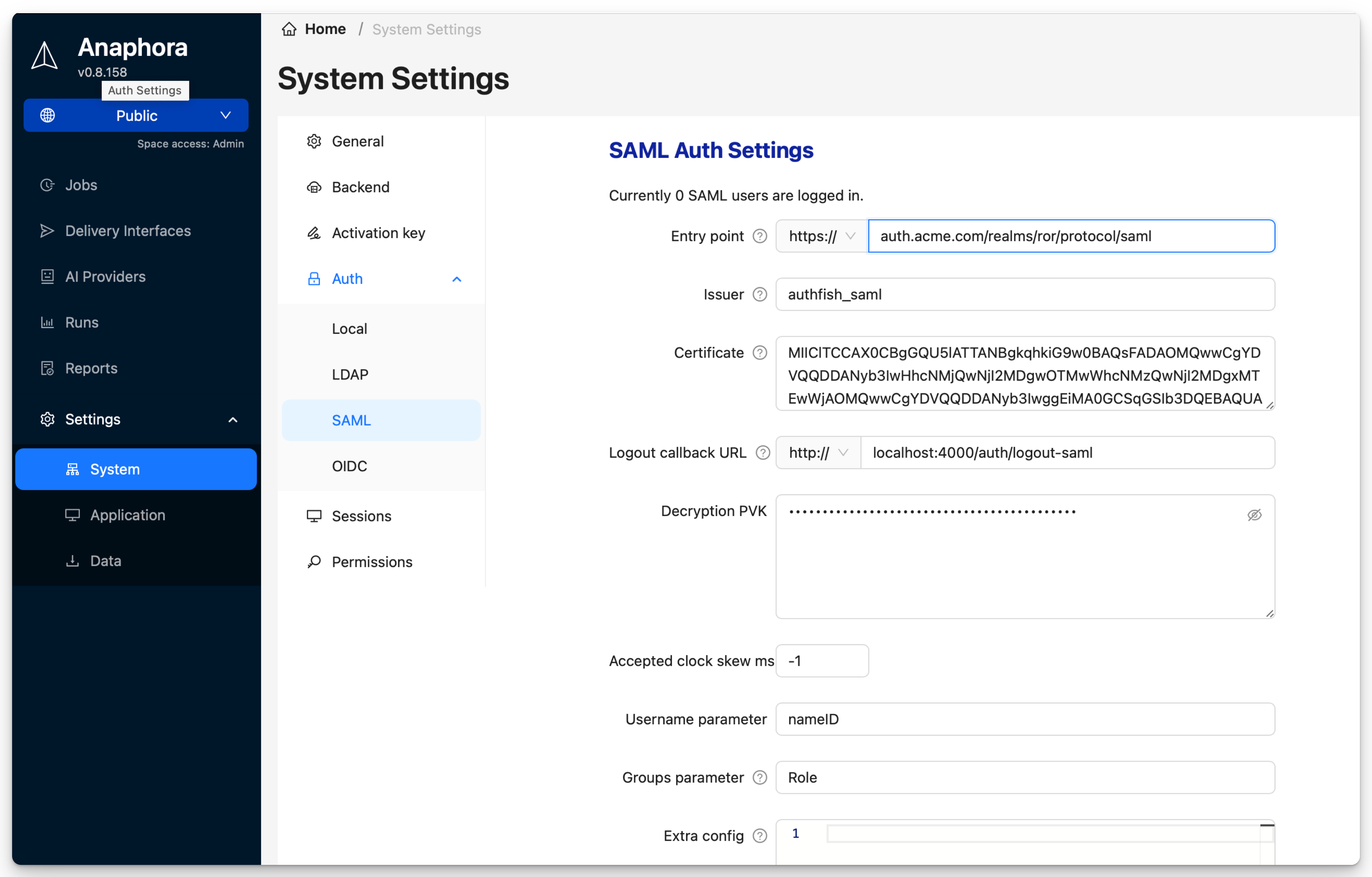 SAML configuration panel showing entry point URL, issuer, certificate, logout callback, and attribute mapping settings