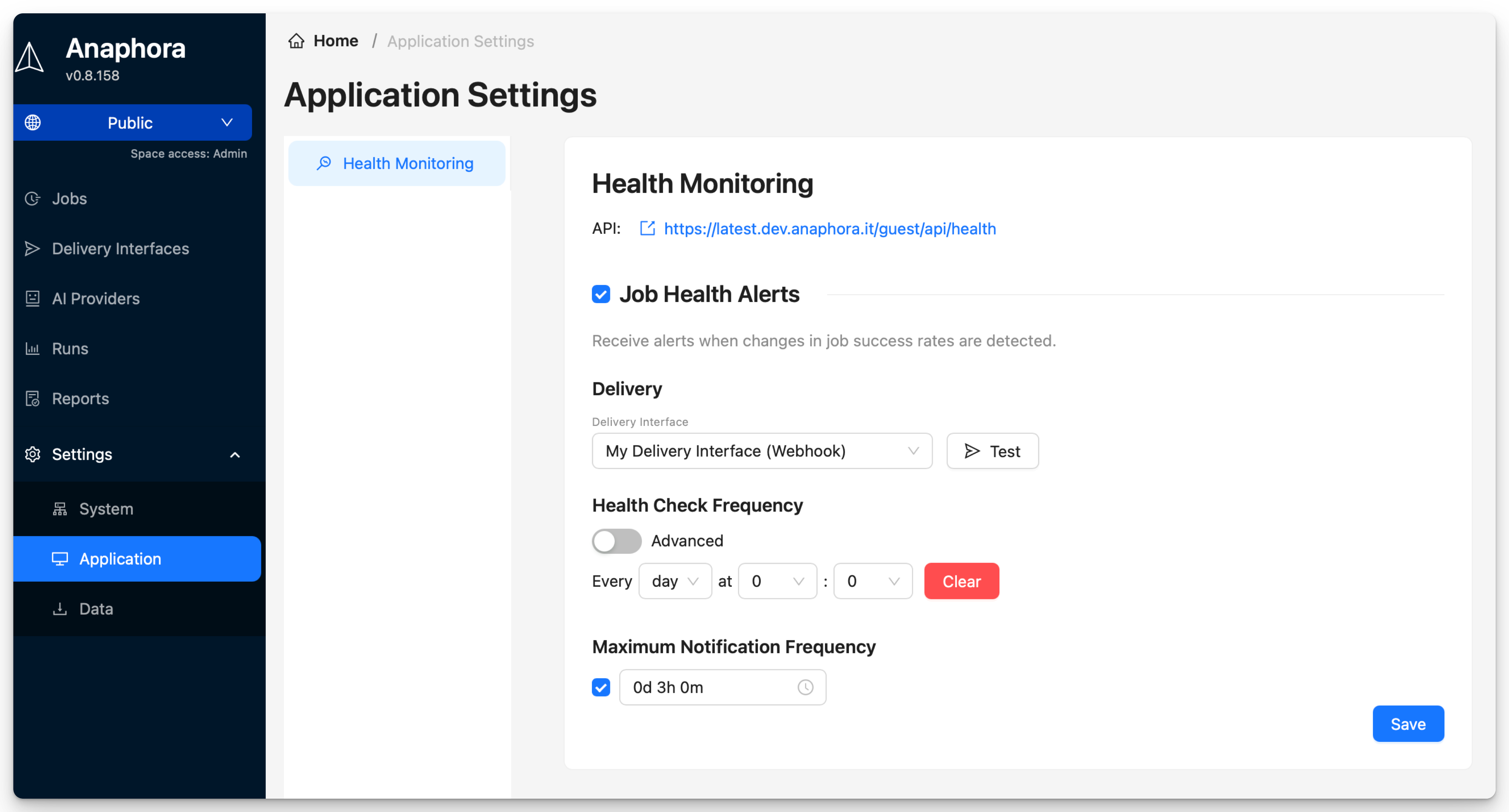 Health Monitoring settings panel with Job Health Alerts toggle, delivery interface selection, and frequency configuration options