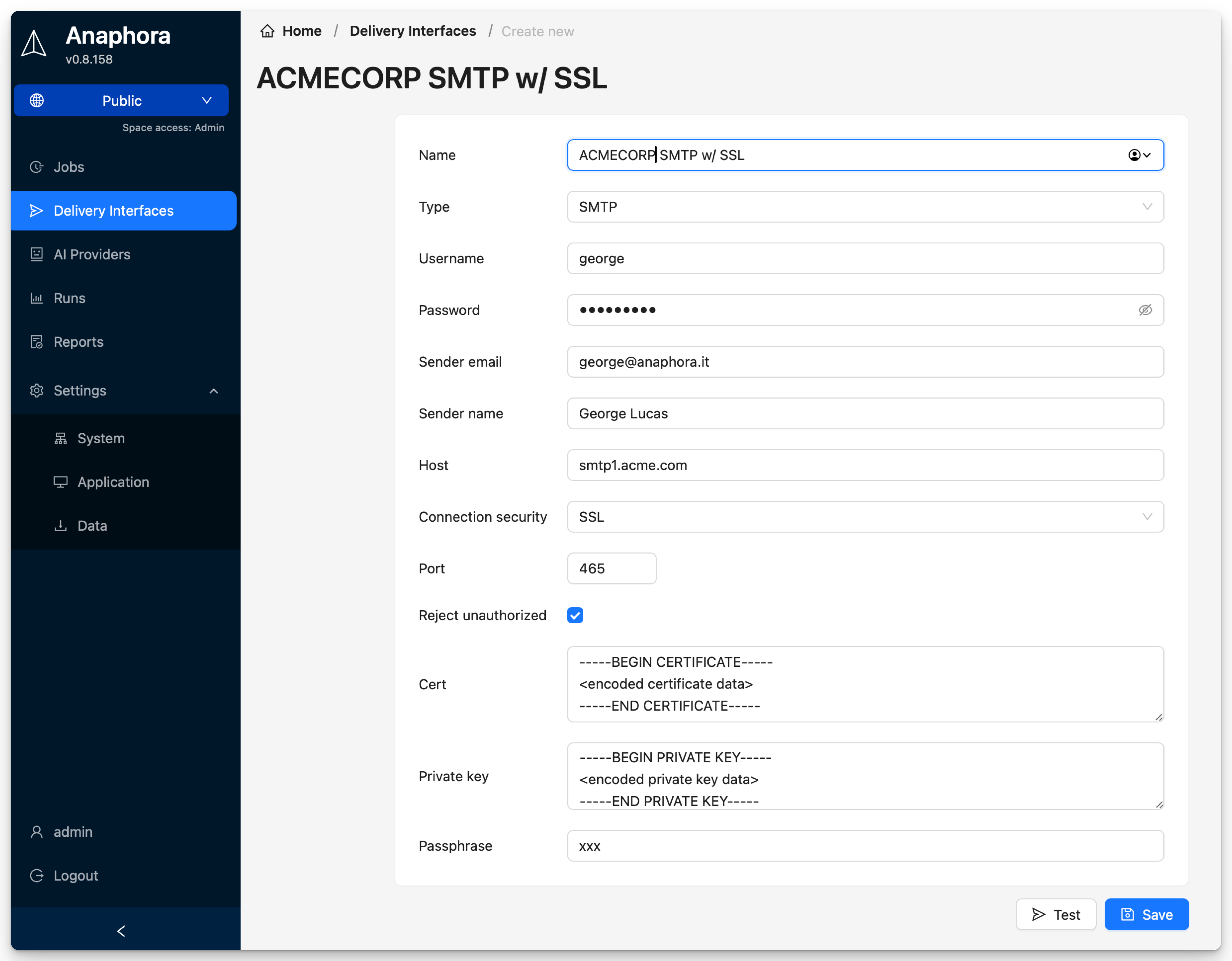 SMTP delivery interface configuration showing host, port, credentials, SSL settings, and certificate options