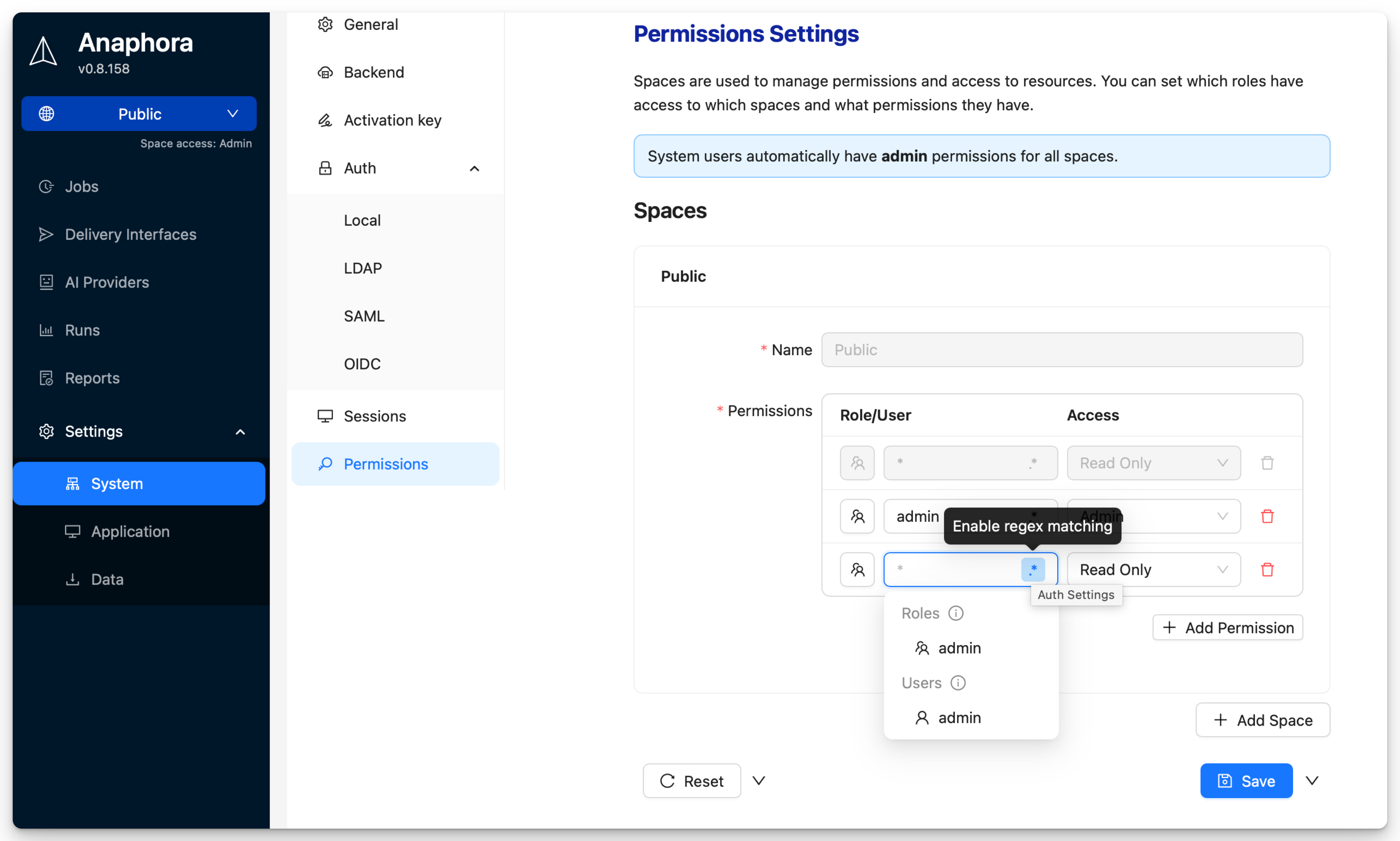 Spaces permissions panel showing user and role assignments with access level configuration for each space