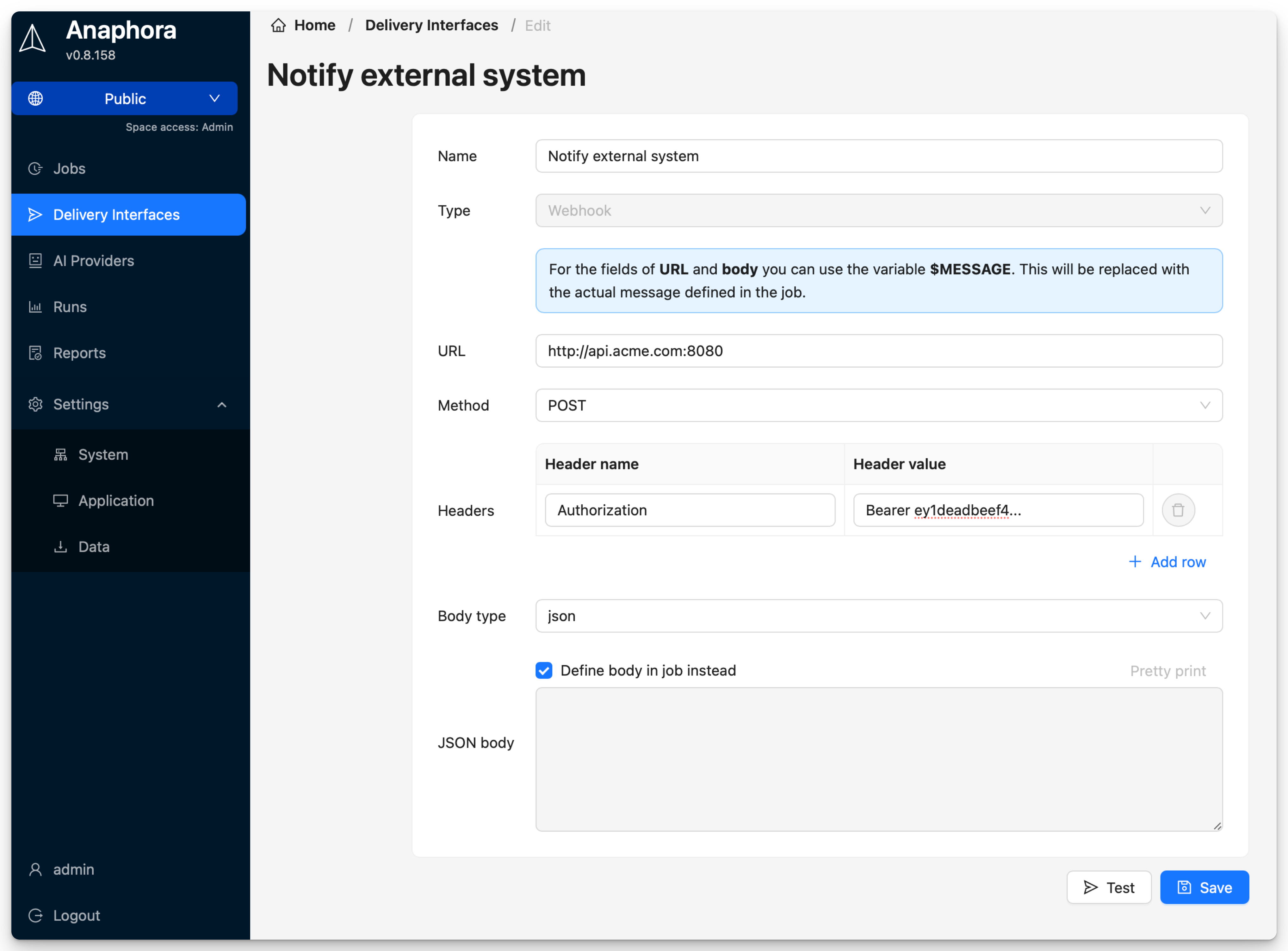 Webhook delivery interface configuration showing URL, HTTP method, headers, and JSON body options